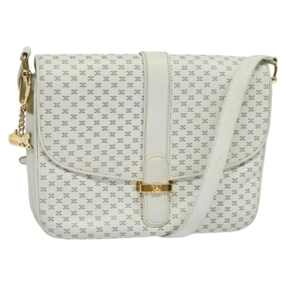 CELINE Macadam Canvas Shoulder Bag White Gold Auth 120821 - Picture 1 of 16